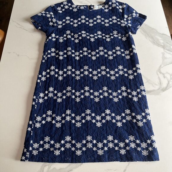 Jun Ivy Dress Embroided Cotton Sz Sm Floral Short Sleeve Mini Shift Lined Blue - Picture 1 of 12